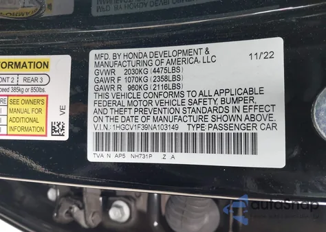 2022 Honda Accord Sport from USA, damaged, VIN 1HGCV1F39NA103149